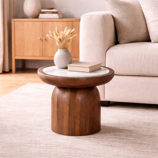 Round Wooden Side Table with Marble Inset Top & Sculptural Pedestal Base