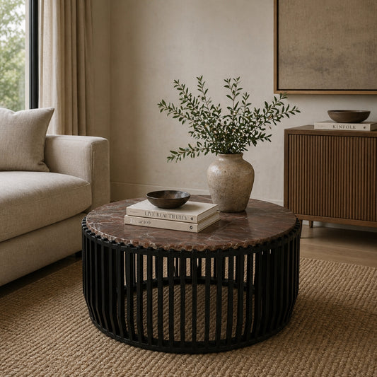 Round Marble Top Coffee Table with Slatted Cylindrical Base