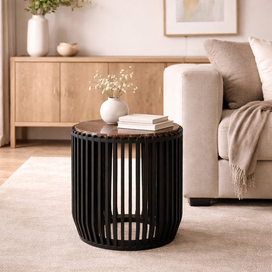 Round Slatted End Table with Wooden Top & Cylindrical Base