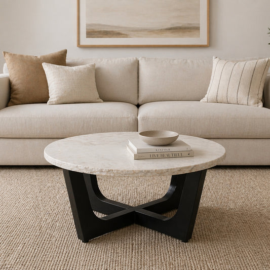Round Marble Top Coffee Table Black Base