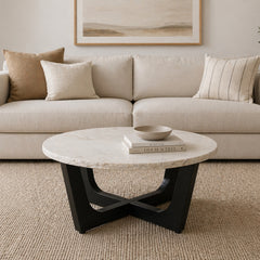 Round Marble Top Coffee Table Black Base