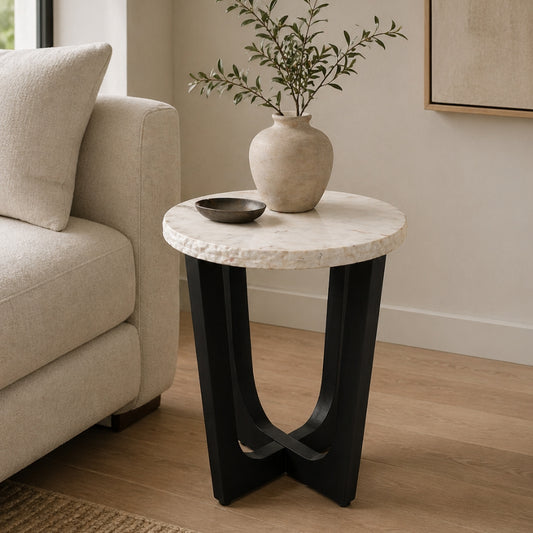 Round Marble Top Accent Table with Sculptural Black Base