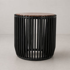 Round Slatted End Table with Wooden Top & Cylindrical Base