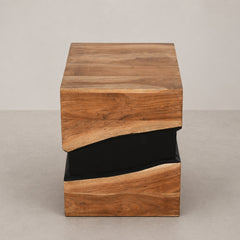 Sculptural Wooden Cube Side Table with Black Contrast Core