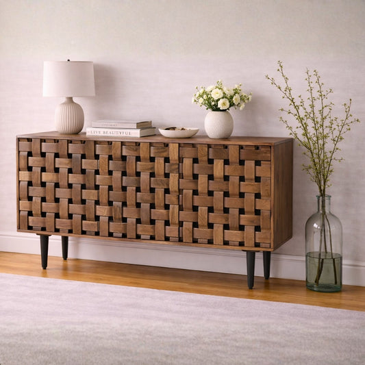 Woven Walnut Accent Sideboard Cabinet