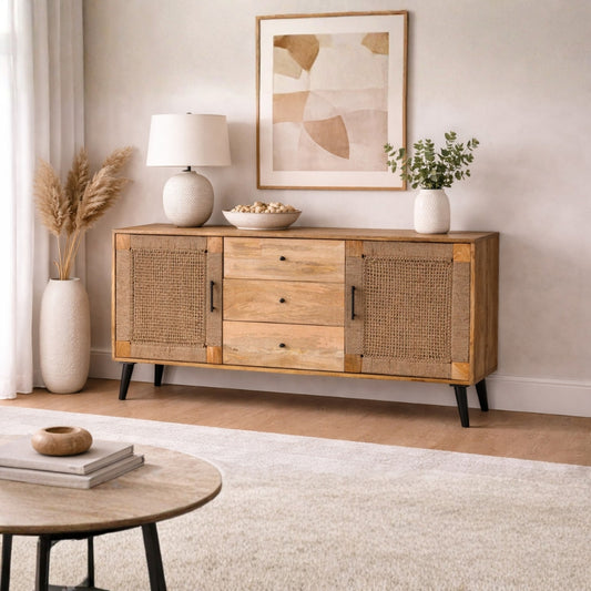 Natural Wood & Woven Rattan Sideboard with Center Drawers and Tapered Legs
