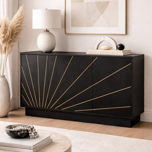 Black Sideboard with Radiating Gold Line Inlay & Sleek Contemporary Design