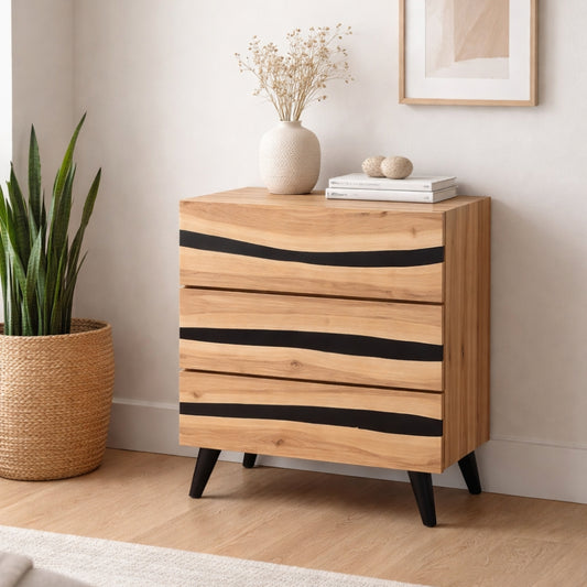 Natural Wood Chest of Drawers with Black Inlay Accents & Tapered Legs
