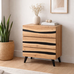 Natural Wood Chest of Drawers with Black Inlay Accents & Tapered Legs