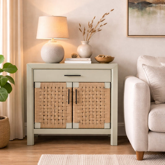 Tranquil Wooden Storage Cabinet with Woven Doors