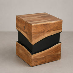 Sculptural Wooden Cube Side Table with Black Contrast Core