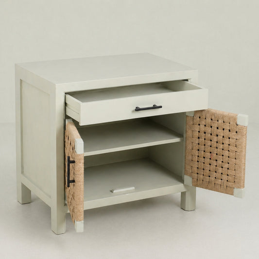 Tranquil Wooden Storage Cabinet with Woven Doors