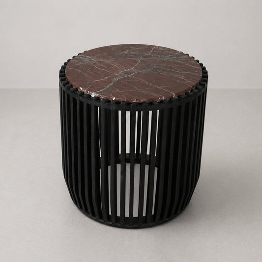 Round Slatted End Table with Wooden Top & Cylindrical Base