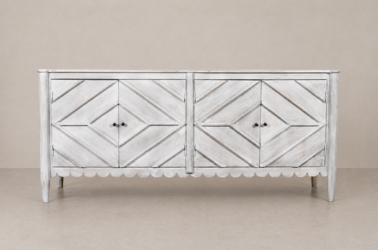Distressed White Geometric Carved Sideboard with Scalloped Detailing & Tapered Legs