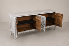 Distressed White Geometric Carved Sideboard with Scalloped Detailing & Tapered Legs