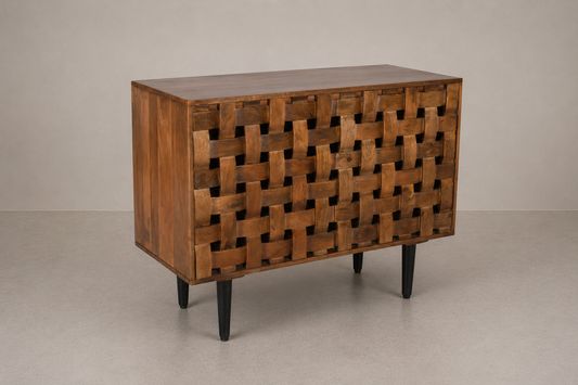 Rustic Woven Wood Storage Cabinet