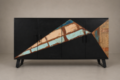 Black Geometric Inlay Sideboard with Reclaimed Wood Panels & Angled Legs