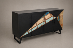 Black Geometric Inlay Sideboard with Reclaimed Wood Panels & Angled Legs