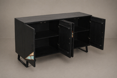 Black Geometric Inlay Sideboard with Reclaimed Wood Panels & Angled Legs
