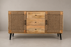 Natural Wood & Woven Rattan Sideboard with Center Drawers and Tapered Legs
