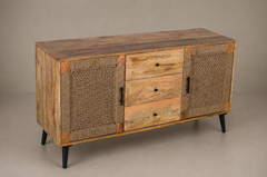 Natural Wood & Woven Rattan Sideboard with Center Drawers and Tapered Legs