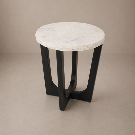 Round Marble Top Accent Table with Sculptural Black Base