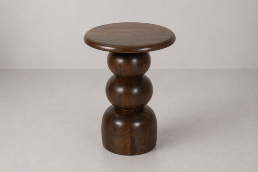 Sculptural Wooden Accent Table with Stacked Sphere Base & Round Top