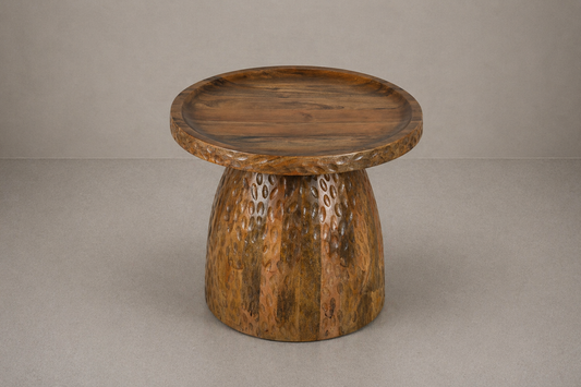 Hand-Carved Solid Wood Coffee Table with Sculptural Pedestal Base