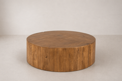 Round Solid Wood Drum Coffee Table with Mixed Grain Panels