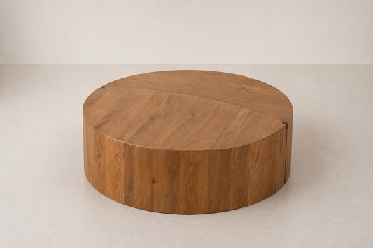 Round Solid Wood Drum Coffee Table with Mixed Grain Panels