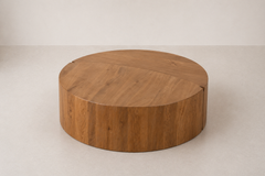 Round Solid Wood Drum Coffee Table with Mixed Grain Panels