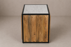 Cube Wood Side Table with Stone Top & Metal Frame