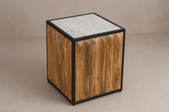Cube Wood Side Table with Stone Top & Metal Frame