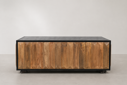 Rectangular Coffee Table with Black Stone Top & Geometric Carved Wood Panels