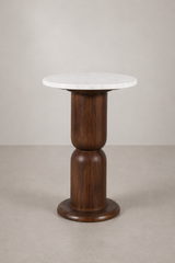 Round Marble Top Side Table with Sculpted Wooden Pedestal Base