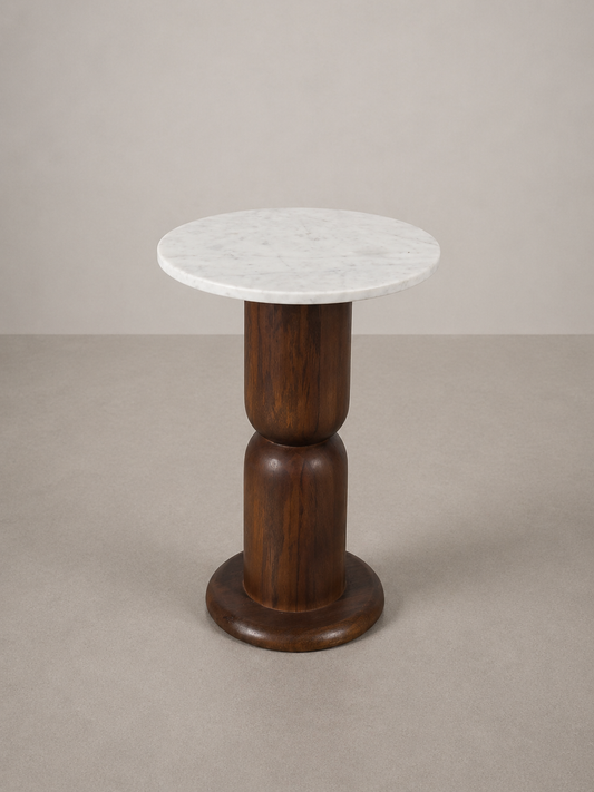 Round Marble Top Side Table with Sculpted Wooden Pedestal Base