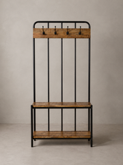 Industrial Entryway Bench with Coat Rack, Wooden Shelves & Metal Frame