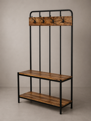 Industrial Entryway Bench with Coat Rack, Wooden Shelves & Metal Frame
