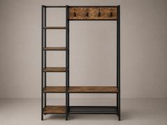Multifunctional Industrial Entryway Hall Tree with Shelves, Bench & Coat Hooks