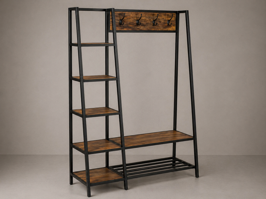 Multifunctional Industrial Entryway Hall Tree with Shelves, Bench & Coat Hooks