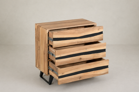 Natural Wood Chest of Drawers with Black Inlay Accents & Tapered Legs