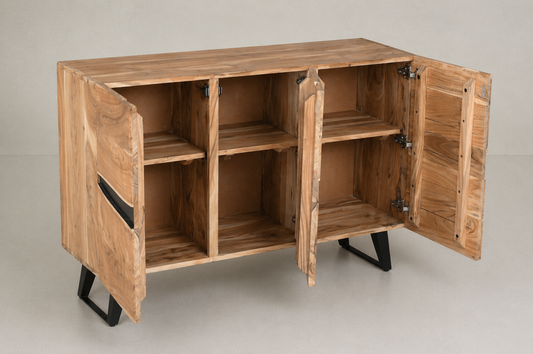 Natural Wood Sideboard with Black Resin Inlay & Brass Accents on Tapered Legs