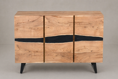 Natural Wood Sideboard with Black Resin Inlay & Brass Accents on Tapered Legs
