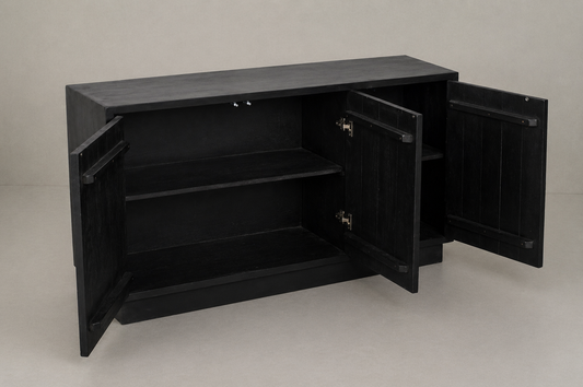 Black Sideboard with Radiating Gold Line Inlay & Sleek Contemporary Design