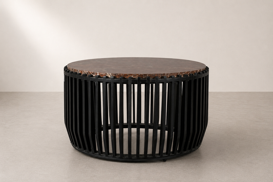 Round Marble Top Coffee Table with Slatted Cylindrical Base