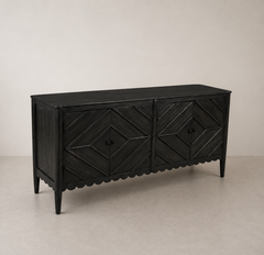 Distressed White Geometric Carved Sideboard with Scalloped Detailing & Tapered Legs