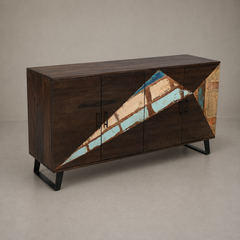 Black Geometric Inlay Sideboard with Reclaimed Wood Panels & Angled Legs