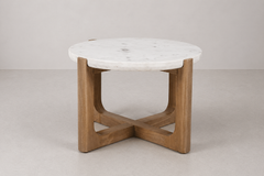 Round Marble Top Side Table with Sculptural Wooden Base
