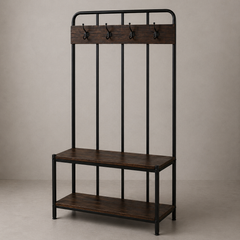 Industrial Entryway Bench with Coat Rack, Wooden Shelves & Metal Frame