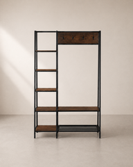 Multifunctional Industrial Entryway Hall Tree with Shelves, Bench & Coat Hooks